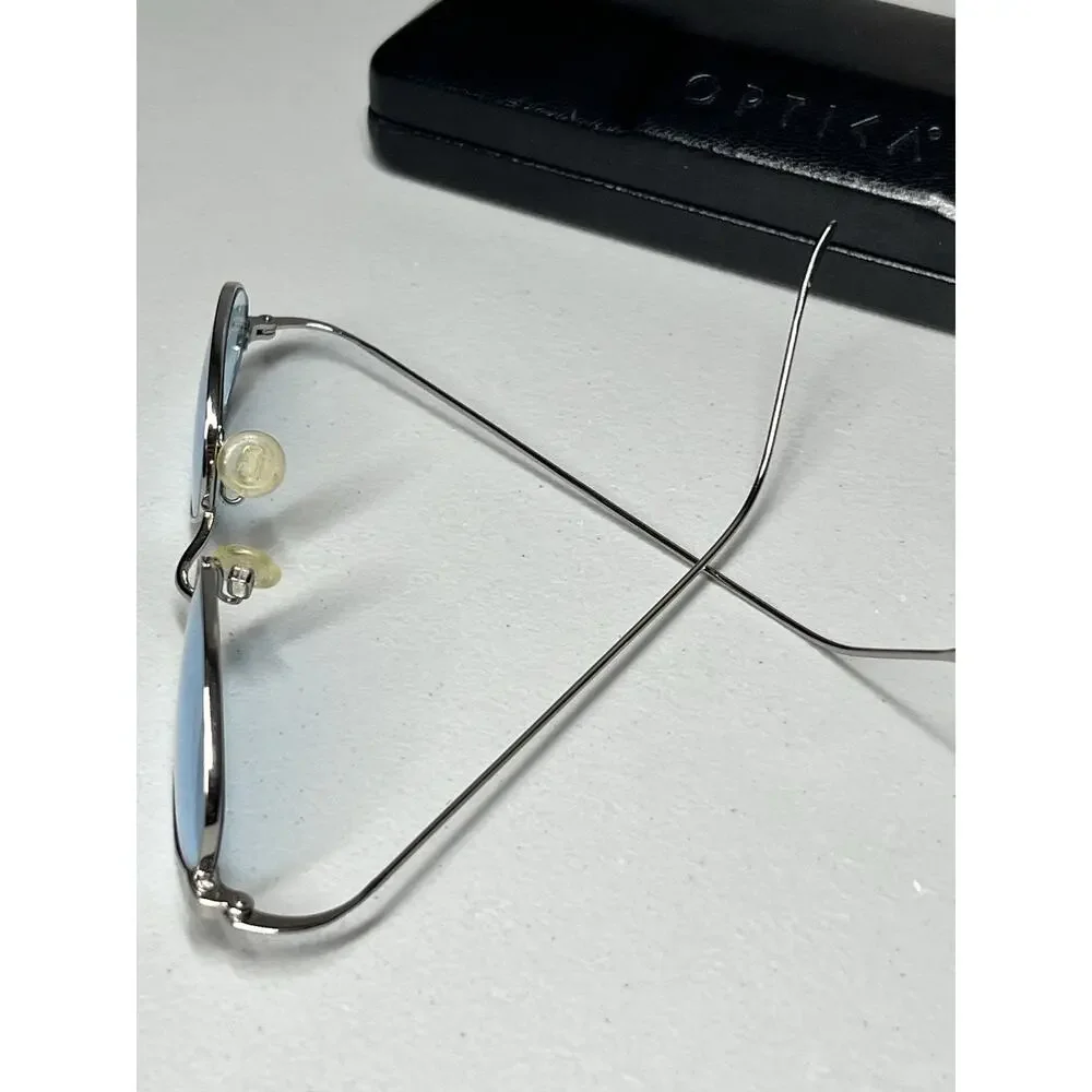 VTG Optica Geometric Wire Frame Sunglasses Silver Tone Metal Blue Lens + Case